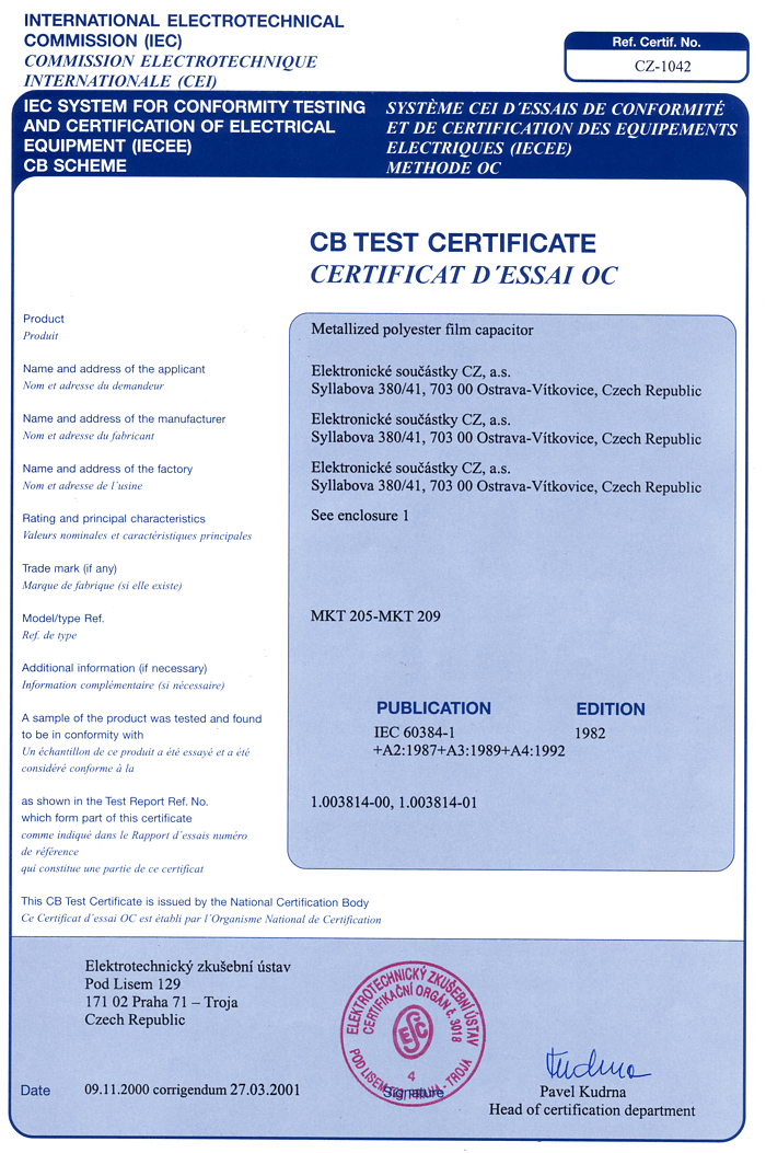 certifikát CZ - 1042