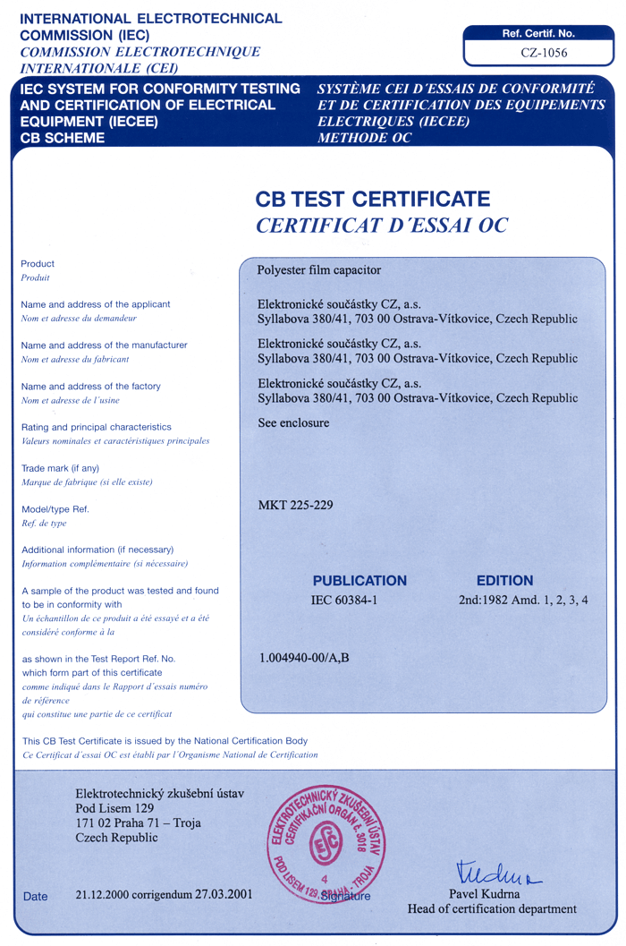 certificate CZ - 1056