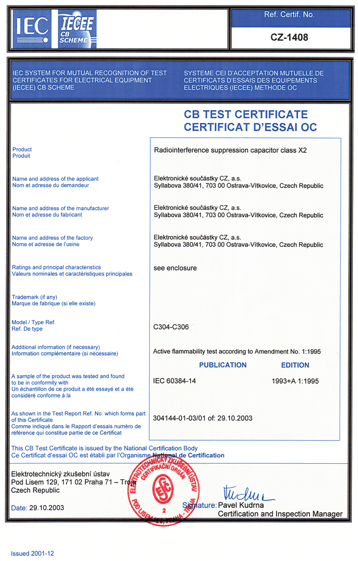 certificate CZ - 1408