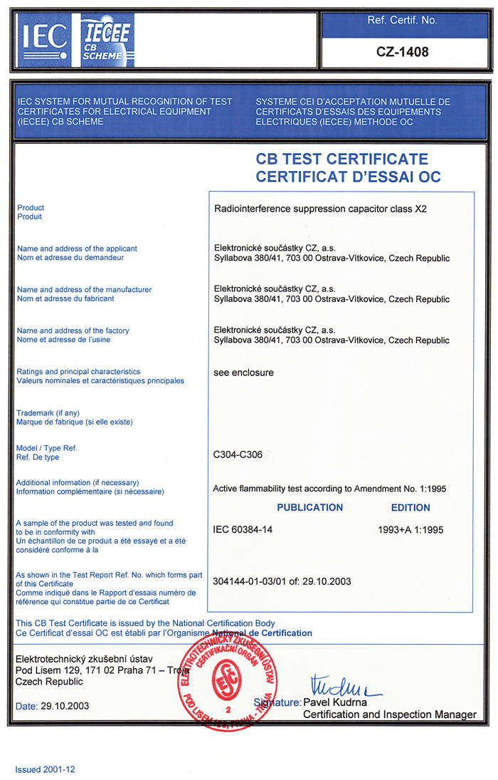 certifikát CZ - 1408