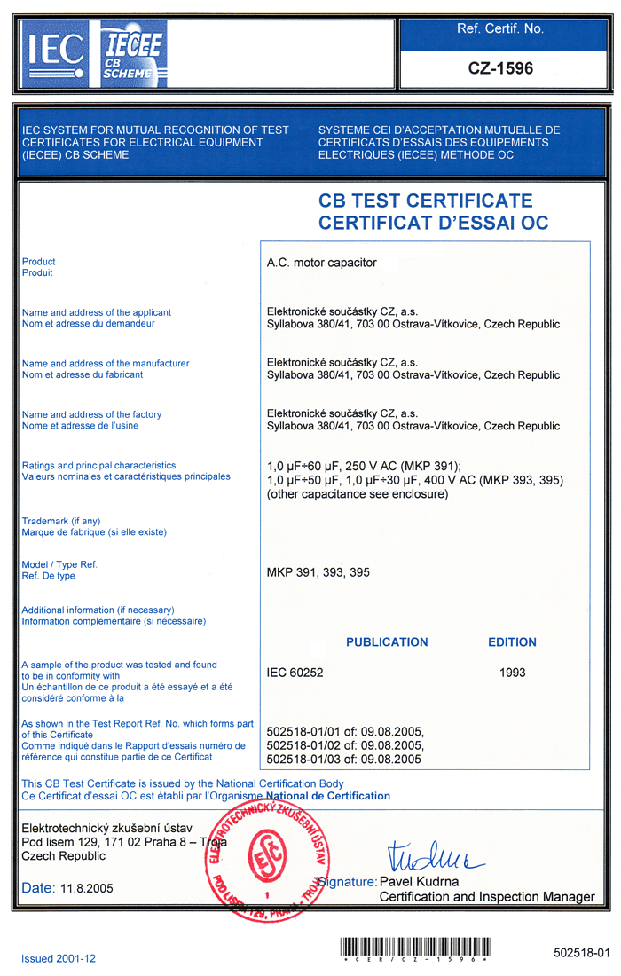 certificate CZ - 1596