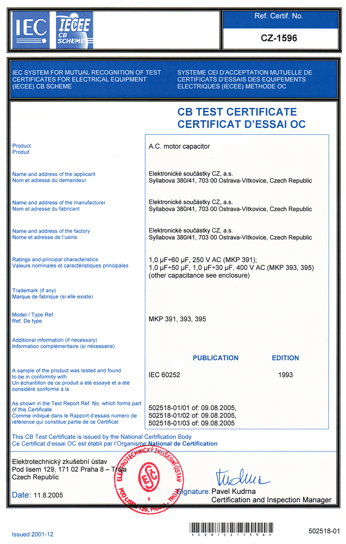 certifikát CZ - 1596