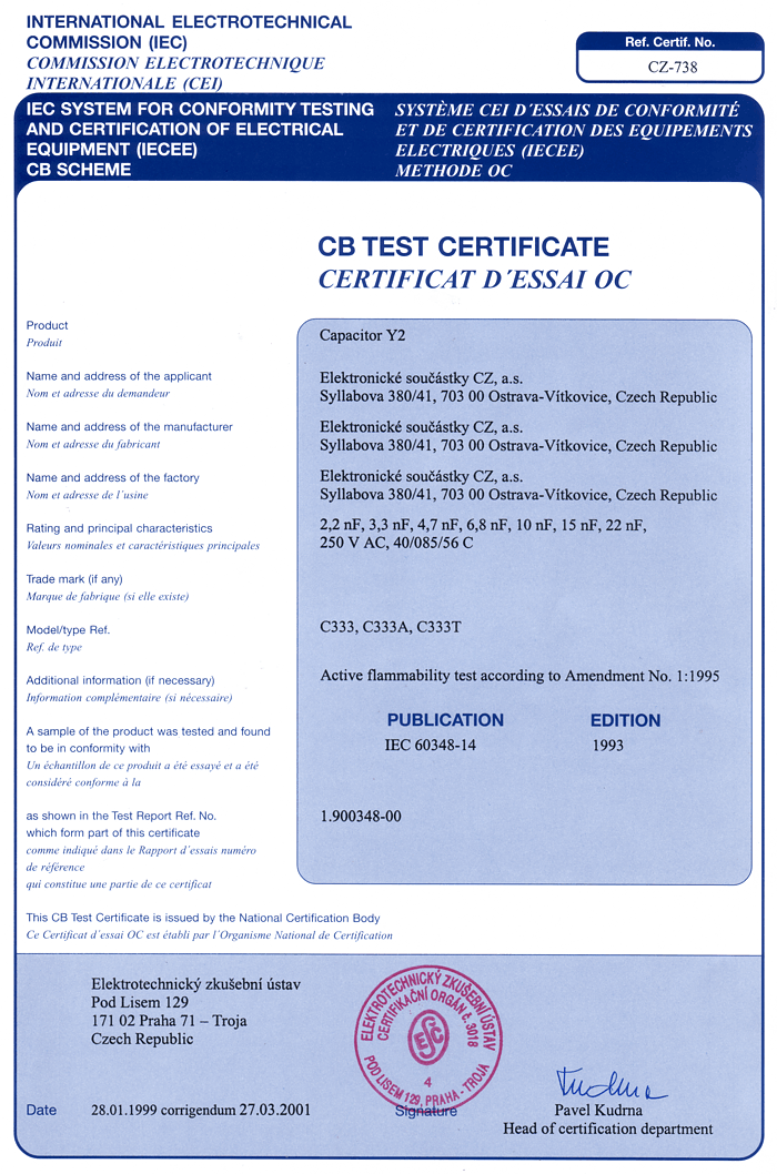 certifikát CZ - 738