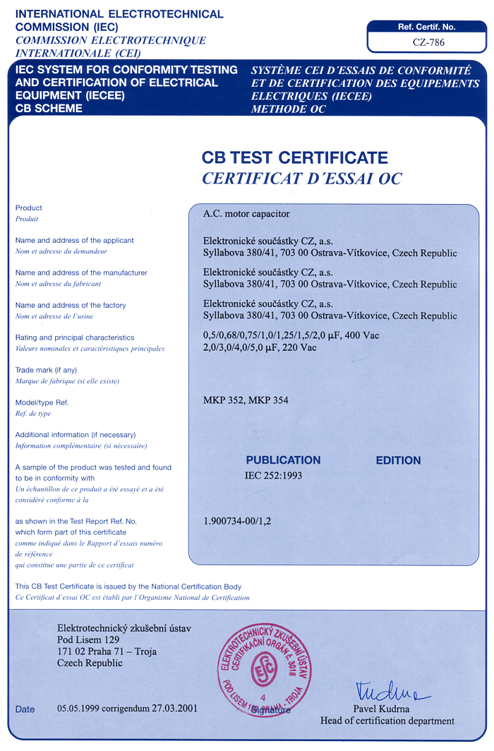 certifikát CZ - 786