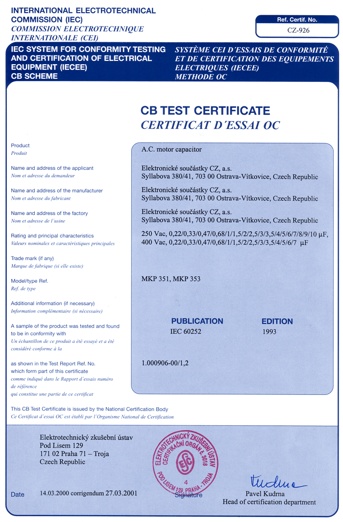 certificate CZ - 926