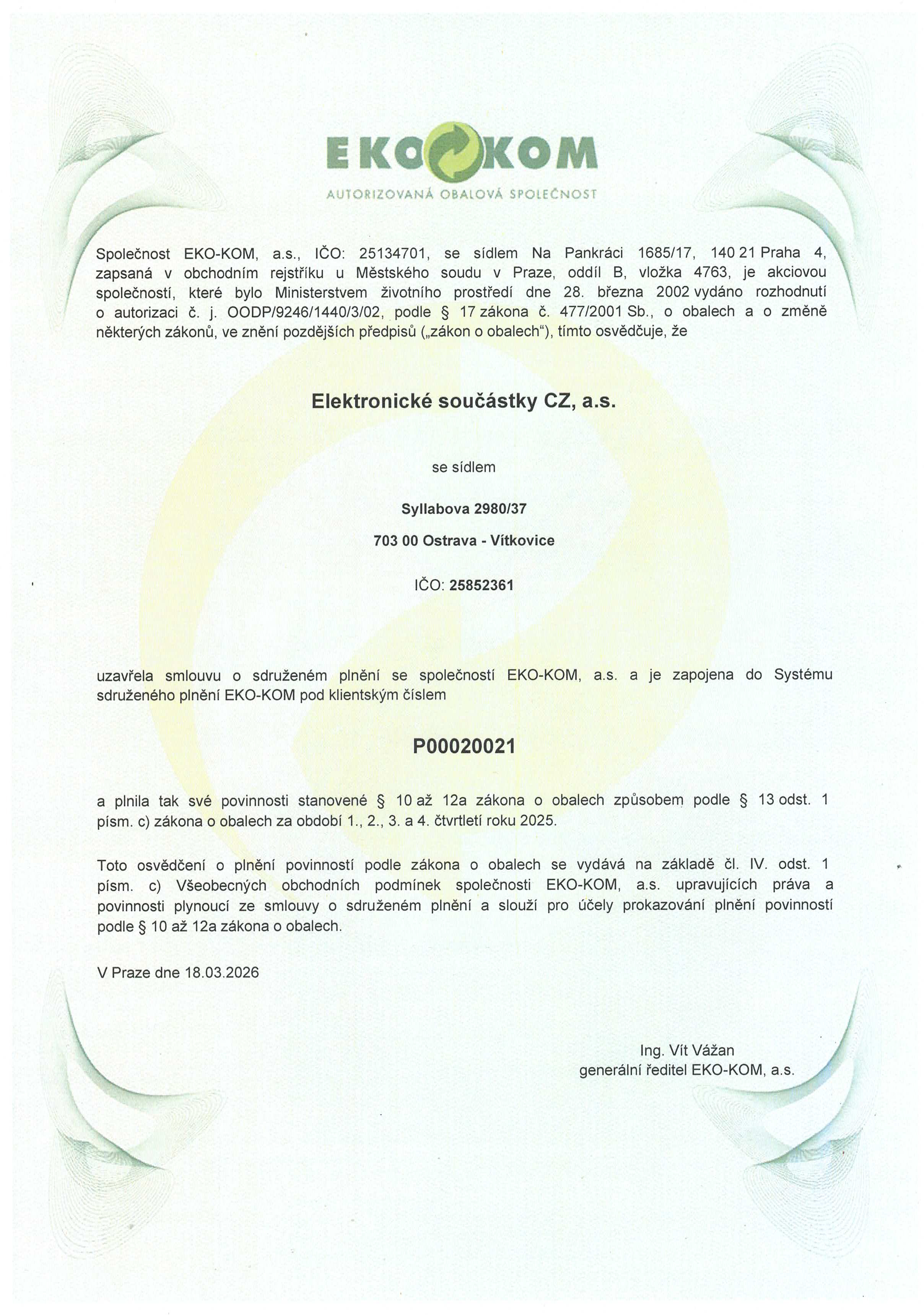 EKOKOM - osvědčení